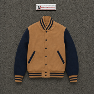 Chaqueta Varsity de Lana Marrón y Azul Marino, Chaqueta Clásica de Béisbol con Mangas Azul Marino en Contraste, Botones a Presión Negros, Rayas, en Oferta - Product Image 5