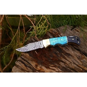 Cuchillo de Bolsillo de Acero de Damasco Hecho a Mano Personalizado OEM/ODM Burraq con Mango de Resina y Funda de Cuero, Grado DIY para Regalos y Uso en Exteriores - Product Image 3