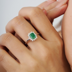 925 Sterling <b>Silver</b> 100% Authentic <b>Emerald</b> & Diamond Halo Fine <b>Ring</b> For Women's May Birthstone Jewelry - Product Image 2