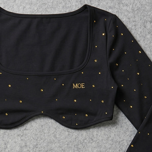 <b>Rhinestone</b> Embellished Underbust <b>Crop</b> <b>Top</b> Cotton Knitted Full Sleeves women's shirt ODM Casual Blouse Partywear Boutique Fashion - Product Image 4