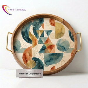 Round Wood <b>Tray</b> with Metal Handles Abstract Design Decorative Serving <b>Tray</b> Platter for Home Decor Wholesale Wedding Gift <b>Trays</b> - Product Image 3
