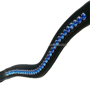 Chaîne en cristal bleu royal Bling Bande de front en cuir de cheval fantaisie Forme de vague Bande de front rembourrée en cuir noir - Product Image 1