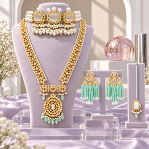 Wholesale Mint <b>Bridal</b> <b>Jewelry</b> <b>Set</b> Long Necklace Pearl Choker Earrings Tikka Bulk Manufacturer - Product Image 3