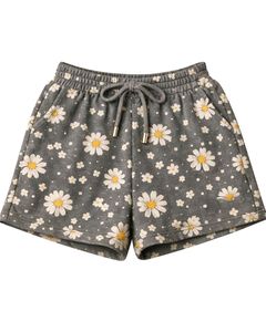 Conjunto de dos piezas para mujer: Top corto acanalado y shorts con cordón, estampado floral de margaritas en gris, estilo casual, fabricante personalizado - Product Image 2