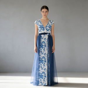 Hot sale on Temu Fashion Blue Floral Print Sheer Overlay <b>Skirt</b> <b>Ladies</b> High Waist Floor-Length <b>Skirt</b> for Wedding for Women - Product Image 2