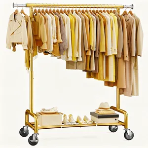 Modern Luxury Gold Clothing Rack with Wheels Portable Dress Organizer for Wardrobe Storage Metal <b>Stand</b> with Hooks and Rail - Product Image 1