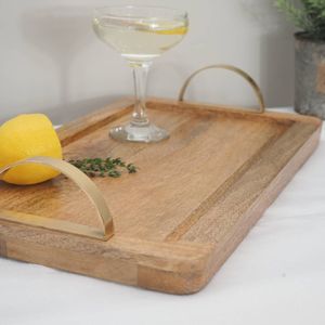 Bandejas de almacenamiento rectangulares de madera natural al por mayor, bandeja de queso y charcutería de madera con asas metálicas - Product Image 5