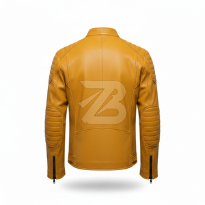 Chaqueta de cuero genuino para hombre Zarina Wear, color amarillo mostaza, estilo motero, con cuello alto y cremallera, OEM. - Product Image 4