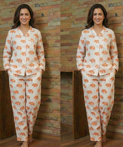 Elephant Hand Block Print Cotton <b>Womens</b> Nightwear Pajama Set Soft Lounge Clothing Wholesale India - Product Image 3