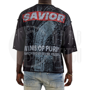 Camiseta Personalizada de Manga Corta, Estilo Urbano, Lisa, Holgada, con Estampado DTF, Unisex, con Pedrería, Negra - Product Image 3