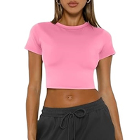 T-shirt court rose uni respirant à col rond et manches courtes pour filles, coupe ajustée, idéal pour le yoga et le fitness, faible MOQ