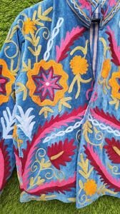 Boho Embroidery Denim Kimono <b>Cardigan</b> Long Sleeve Loose Fit Floral Pattern Hand Embroidered Casual Wear Spring Style - Product Image 4