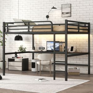 Lit mezzanine en métal pour enfants, format Queen, gain de place, insonorisé, avec prise électrique et éclairage LED, couleur noire - Product Image 3