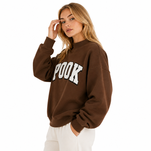 Brown Womens Oversized Mock Neck Sweatshirt Custom Chenille Embroidered Fleece Pullover LooseFit OEM ODM Greek Letter Sweatshirt - Product Image 3