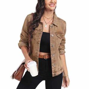 Veste en jean délavé vintage pour femme, boutonnée, couleur unie, coupe droite, en coton tissé, pour l'automne - Product Image 3