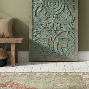 Puerta Corredera Rústica de Madera Tallada Color Verde Azulado, Estilo Antiguo, con Mandala Floral Hecho a Mano para Entrada Interior - Product Image 3