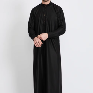 <b>Men's</b> Black Cotton <b>Thobe</b> Short Sleeve Floor Length Shirt Collar Modest Islamic Prayer Wear All Seasons Solid Color Loose - Product Image 2