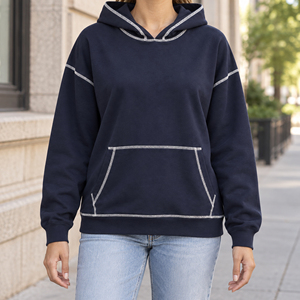 Womens Navy Contrast <b>Stitch</b> Hoodie Drop Shoulder Pullover Sweatshirt with Kangaroo Pocket Long Sleeve Urban Streetwear <b>Hoodies</b> - Product Image 6