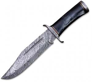 Cuchillo de exterior de acero de Damasco hecho a mano con mango de cuerno oscuro, doble ranura Fuller y funda de cuero - Product Image 2