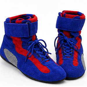 Bottes de moto bleues et rouges à boucle de cheville en cuir véritable, légères, respirantes, avec semelle extérieure en caoutchouc et semelle intermédiaire en EVA, toutes saisons, bout fermé - Product Image 1