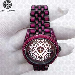 Montre de luxe pour homme Charm_Jewells en acier inoxydable, boîtier de 40 mm, cadran analogique mécanique avec cristaux violets, bracelet tendance hip-hop - Product Image 3