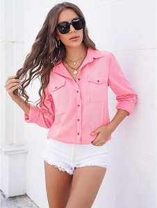 Camisa de algodón rosa para mujer, con botones, manga tres cuartos, color sólido, cuello vuelto, con bolsillos, corte regular, top de verano - Product Image 1