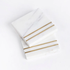 Artisanal Natural Stone Square <b>Coasters</b> Featuring Parallel <b>Gold</b> Accents Elegant Tabletop Protectors - Product Image 1