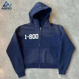 Vente en gros de sweats à capuche zippés pour hommes, avec bordure de capuche cloutée, impression de numéro sur la poitrine, style Y2K, fermeture éclair intégrale, streetwear, veste à capuche en polaire - Product Image 5