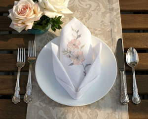 Custom Wholesale <b>Cloth</b> Napkin White <b>Linen</b> Full Sizes Embroidered Peach Blossom Dinner Napkin Washing Hemstitch <b>Table</b> Napkin - Product Image 2