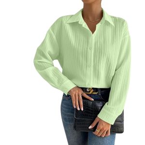 Women's Light Green Long Sleeve Button <b>Down</b> Shirt Solid Color Pleated Poplin Casual Blouse Spring Summer Loose Fit - Product Image 1