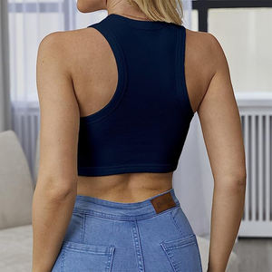 Top corto elástico de canalé para mujer, cuello alto, sin mangas, camiseta básica de verano - Product Image 2