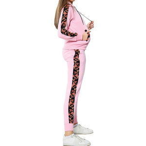 Women <b>Pink</b> Floral Print Hooded <b>Tracksuit</b> Set With Zipper Full Sleeve Casual Autumn Wear - Product Image 3
