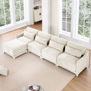 Divano in Tessuto Chenille di Alta Qualità a Quattro Posti con Pouf Mobile, Base in Legno Facile da Installare, Ergonomico e Resistente per Soggiorno - Product Image 2