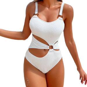 Maillot de bain une pièce blanc pour femme, découpé, taille haute, bandeau, en maille extensible, couleur unie, tenue de plage - Product Image 1