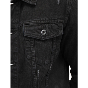 Veste en jean noire pour homme, style déchiré et vieilli, coupe ajustée, type trucker, vêtement d'extérieur en denim noir, streetwear personnalisé, vente en gros - Product Image 6