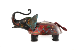 Support de bougie rond en bois et fer émaillé, motif éléphant, fait main, style moderne du Rajasthan, pièce décorative pour la maison - Product Image 2