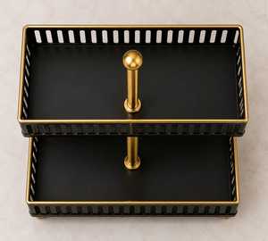 Two Tier Rectangular Serving <b>Tray</b> Black Gold Metal <b>Tray</b> Stand Luxury Dessert Display Stand Kitchen Counter Organizer Cake Stand - Product Image 5