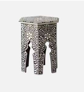 Mesa Consola Moderna Tradicional Hecha a Mano con Incrustaciones de Hueso y Rayas, en Madera Gris para Entrada, con Taburete para Uso Doméstico - Product Image 3