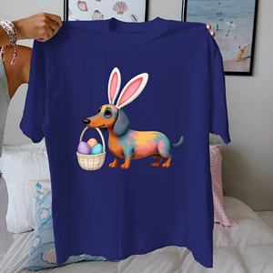 T-shirt pour femme en coton 100% tricoté avec imprimé décontracté Teckel et panier de Pâques, coupe confortable - Product Image 3