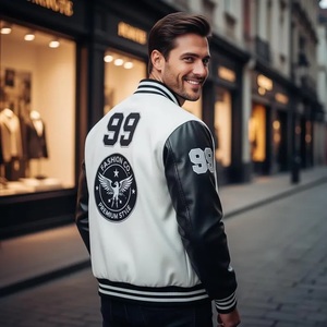 Veste universitaire blanche et noire pour homme – Veste en laine style Letterman avec manches en simili cuir, veste bomber de baseball - Product Image 2