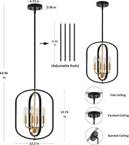 <b>Modern</b> Gold <b>Black</b> Lantern Chandelier Contemporary Metal Hanging Pendant <b>Light</b> Luxury Geometric <b>Ceiling</b> Lamp - Product Image 2