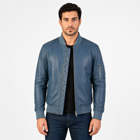 Blouson bomber classique en cuir bleu pour homme avec poche utilitaire sur la manche, col côtelé et ceinture