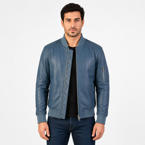 Chaqueta bomber MA-1 clásica de cuero azul para hombre con bolsillo utilitario en la manga, cuello y cinturilla acanalados - Product Image 3