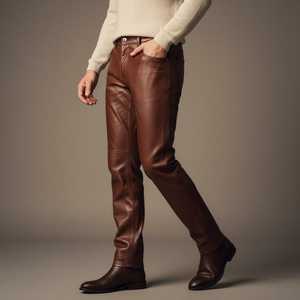Pantalones de cuero marrón para hombre, pantalones de cuero auténtico de corte ajustado, ropa informal de calle - Product Image 2