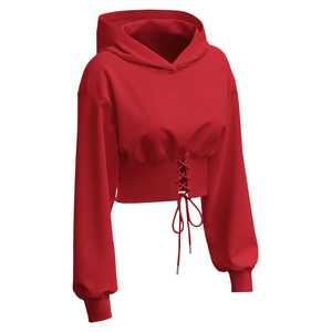 เสื้อสเวตเชิ้ตมีฮู้ดสีแดงสำหรับผู้หญิง แขนยาวแบบผูกเชือกด้านหน้า ผ้าถักสีพื้น สวมใส่สบายๆ ในฤดูใบไม้ร่วง - Product Image 1