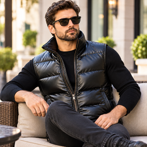 Chaleco Bomber de Cuero Genuino para Hombre |   Chaleco Acolchado de Cuero Genuino para Hombre |   Chaleco Bomber Acolchado en Piel Auténtica - Product Image 6