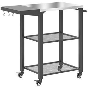 Mesa de carrito de parrilla para exteriores con parte superior de acero inoxidable de tres estantes con soporte de horno de pizza plateado lateral plegable con ganchos para comidas al aire libre - Product Image 1