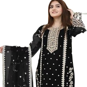 Ensembles Salwar Kameez de créateur indiens en viscose modal pour femmes, brodés, fantaisie, longueur ras du sol, non cousus, mode asiatique, tenue de mariage - Product Image 1