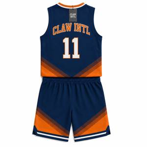 Ensemble d'uniformes de basketball personnalisés Claw Intl pour adultes unisexe, bleu marine et orange, imprimé numérique, en polyester respirant, avec coutures thermocollées sans couture - Product Image 1