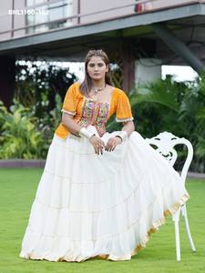Festival Wear Rangoli Crush with Lumpi Lace work & Flared <b>White</b> <b>Lehenga</b>-Readymade Print-Embroidery Blouse Pair Indian Supplier - Product Image 6